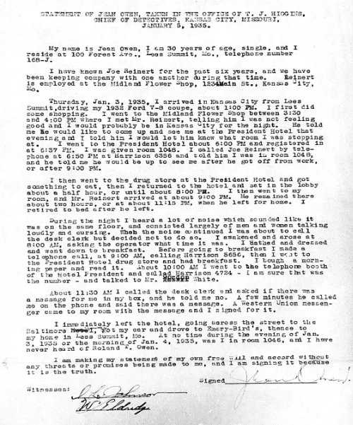 Jean Owen's witness report, January 5th 1935