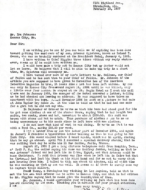 Ruby Ogletree's letter to Detective Ira Johnson, February 1937