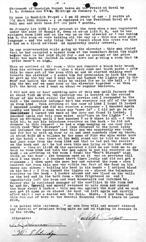 Randolph Propst's witness report, January 5th 1935