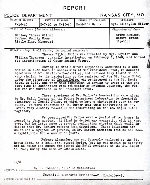 Police report on interview of Thomas Wilbur Barlow, 1940