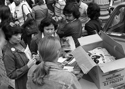 Selling shirts and stickers to support VA nurses, September 1977