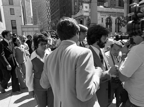 Leonora Perez & Filipina Narciso outside Detroit Federal Building after verdict, July 1977